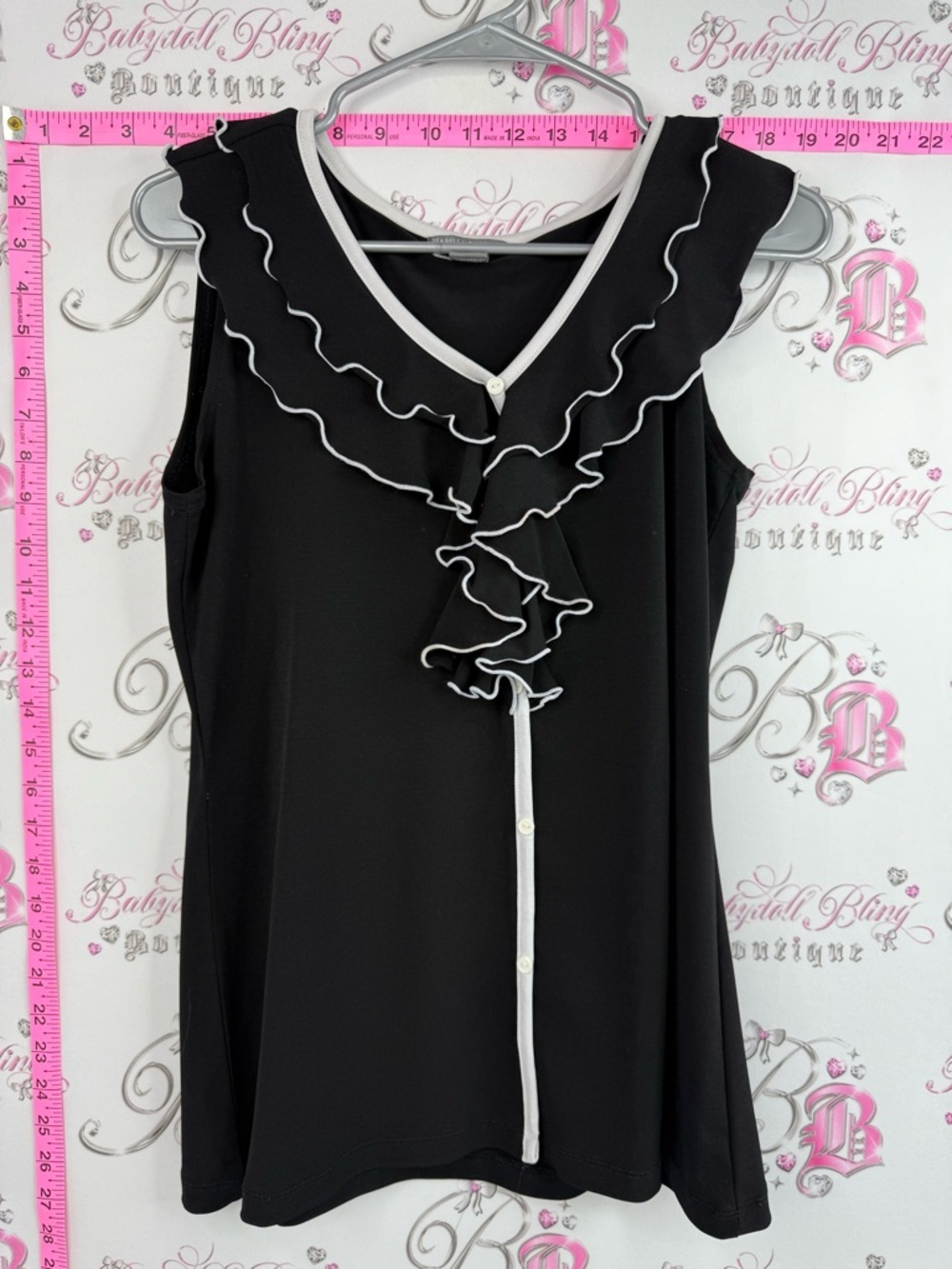 Isabella Rodriguez shirt blouse Black Sleeveless Ruffle Top with White Trim